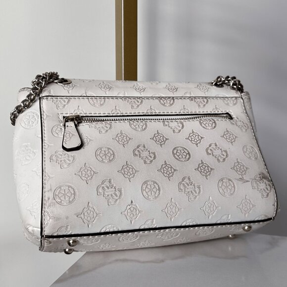 GUESS White Embossed Logo Shoulder Bag with Chain Strap - Picture 2 of 5